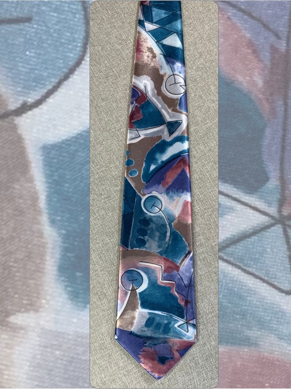 Abstract Geometric Watercolor Necktie Teal Mauve Navy Cubist Tie